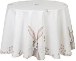 Clayre & Eef Tafelkleed Ø 170 Cm Wit Bruin Katoen Rond Konijn Tafellaken Tafellinnen Tafeltextiel Wit Tafellaken