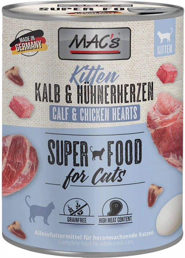 MAC's MAC&apos, S Kitten Kattenvoer Kalfs & Kippenhartjes Blik 6x800 G - Afbeelding 2