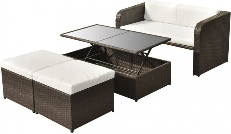VidaXL 4 Delige Loungeset Met Kussens Poly Rattan Bruin - Afbeelding 6